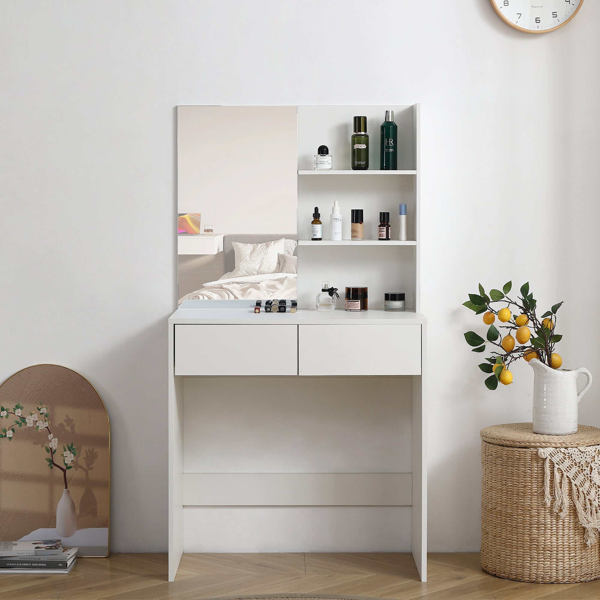 White Vanity Desk w/ Mirror & 2 Drawers-American Furniture Outlet