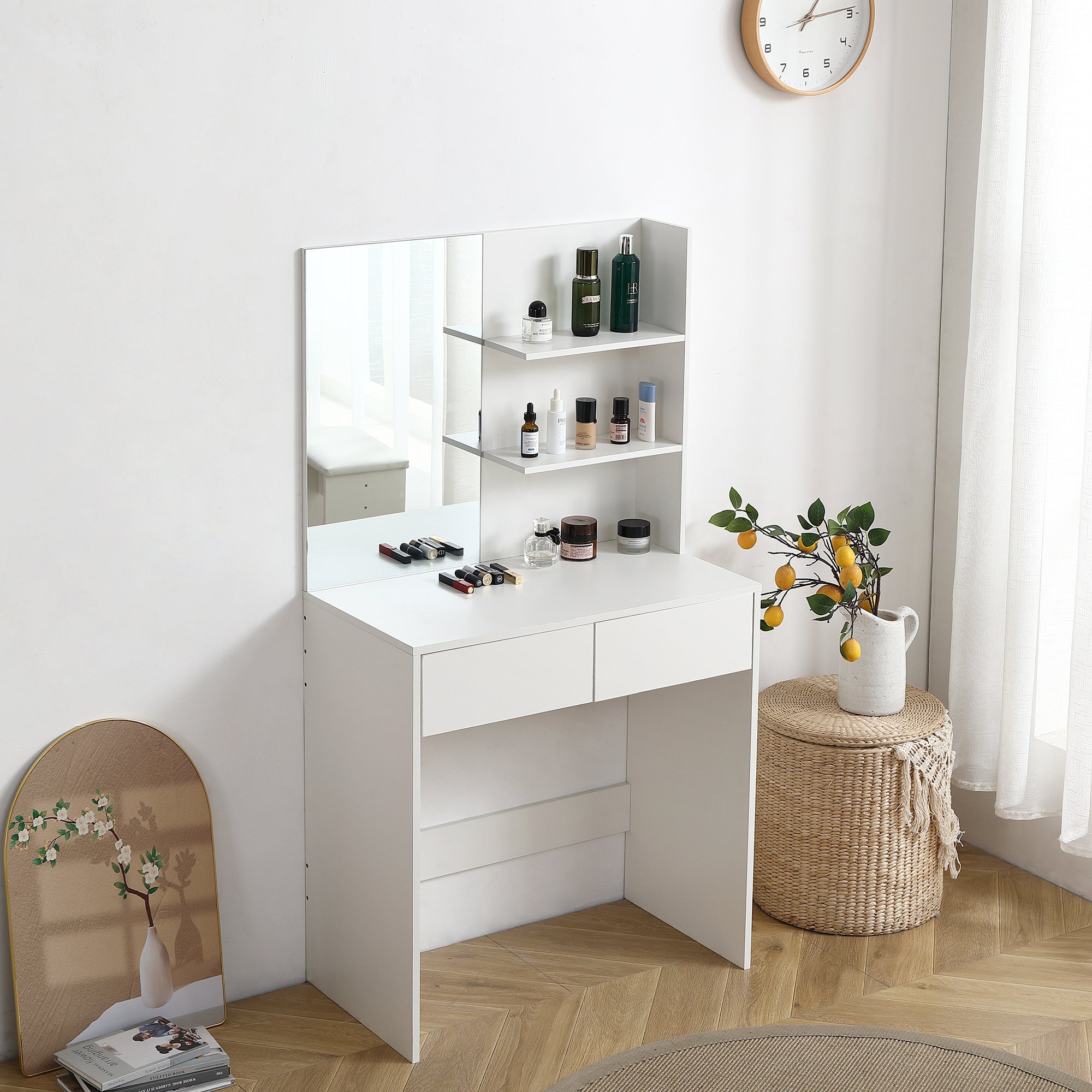 White Vanity Desk w/ Mirror & 2 Drawers-American Furniture Outlet