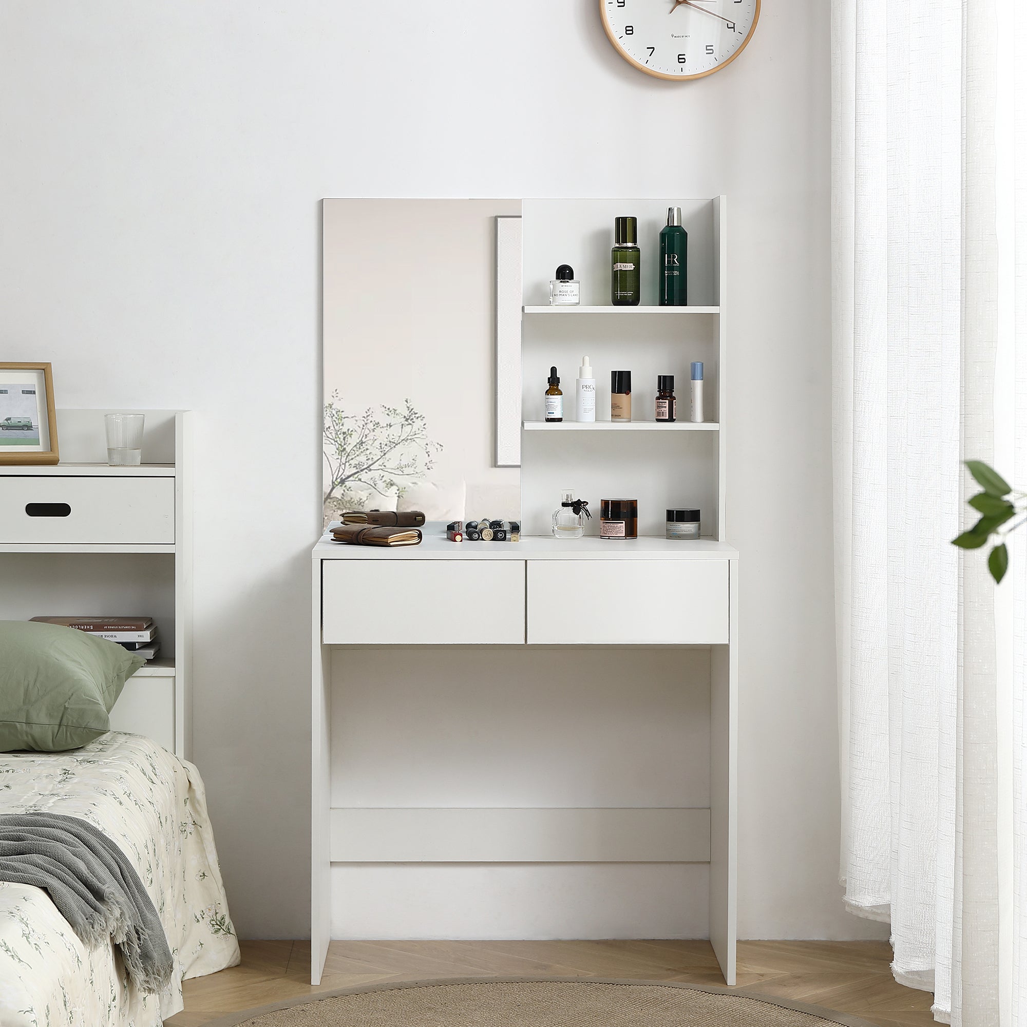 White Vanity Desk w/ Mirror & 2 Drawers-American Furniture Outlet