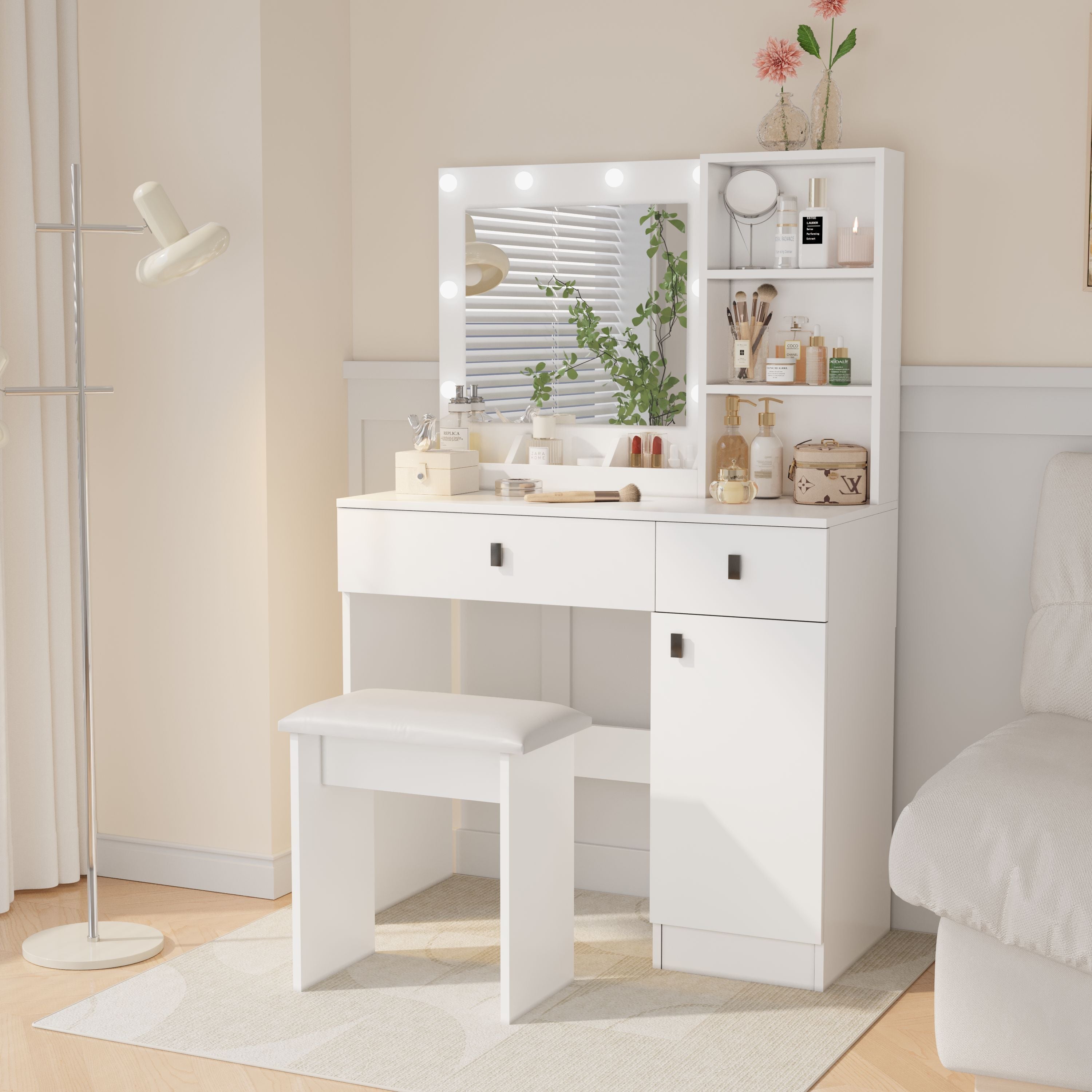 White Vanity Desk with Lights & Storage-American Furniture Outlet