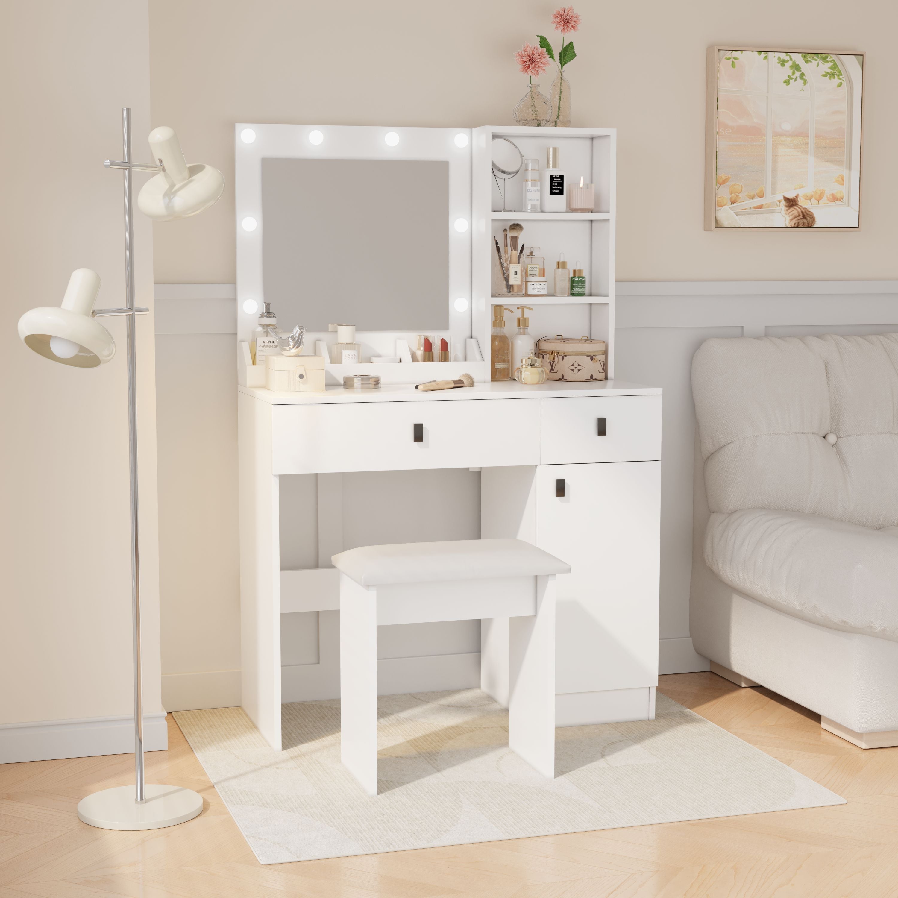 White Vanity Desk with Lights & Storage-American Furniture Outlet