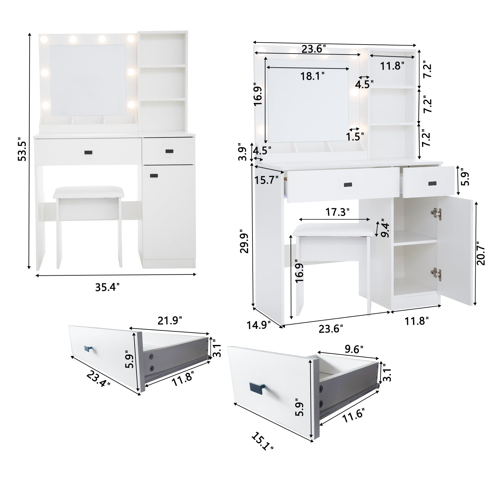 White Vanity Desk with Lights & Storage-American Furniture Outlet