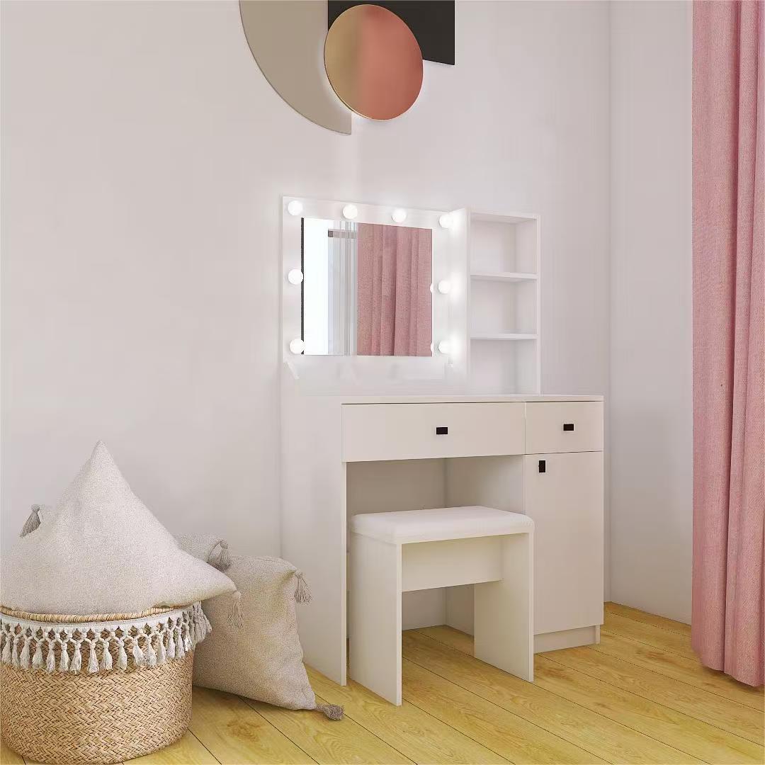 White Vanity Desk with Lights & Storage-American Furniture Outlet