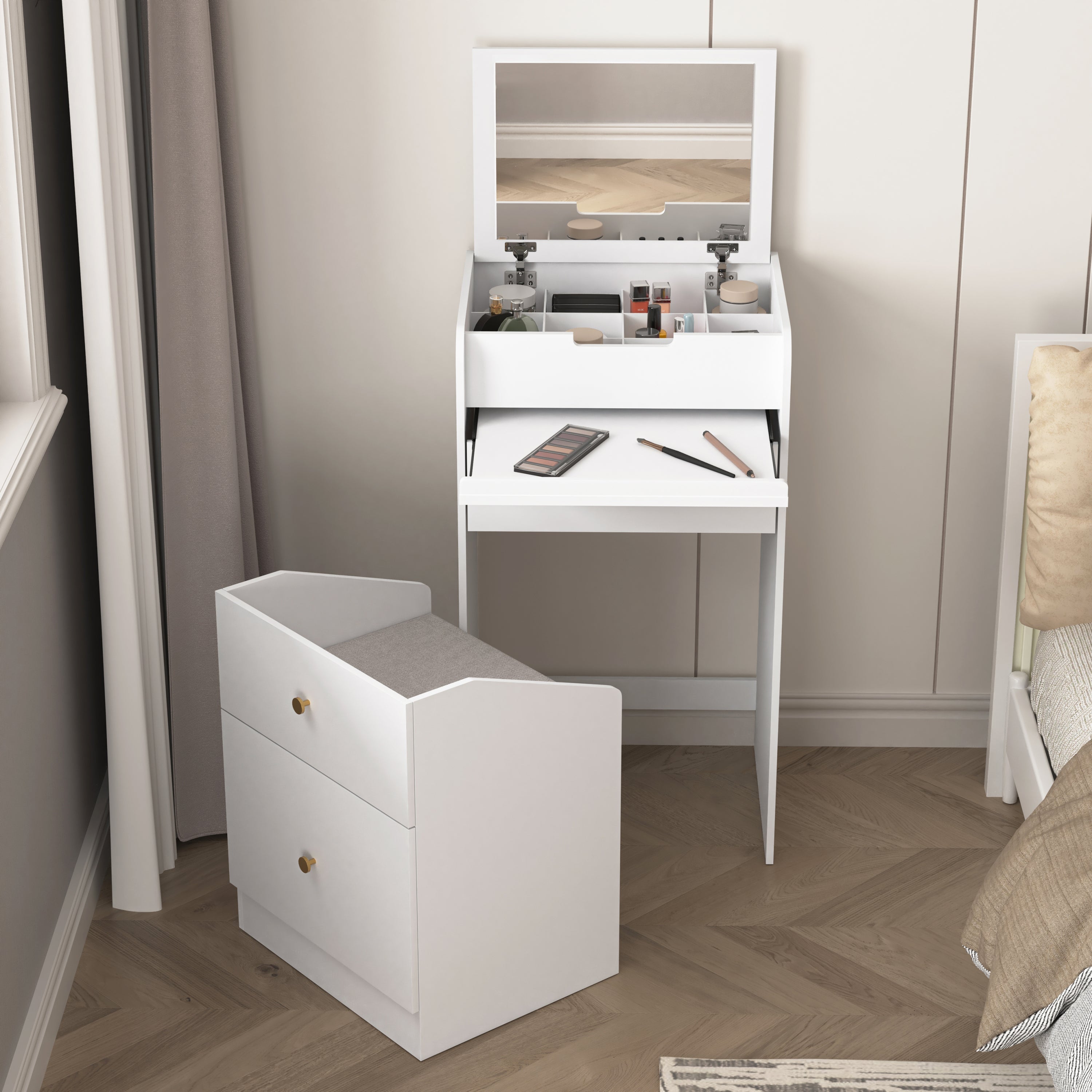 White Vanity Desk with Mirror & Drawers-American Furniture Outlet