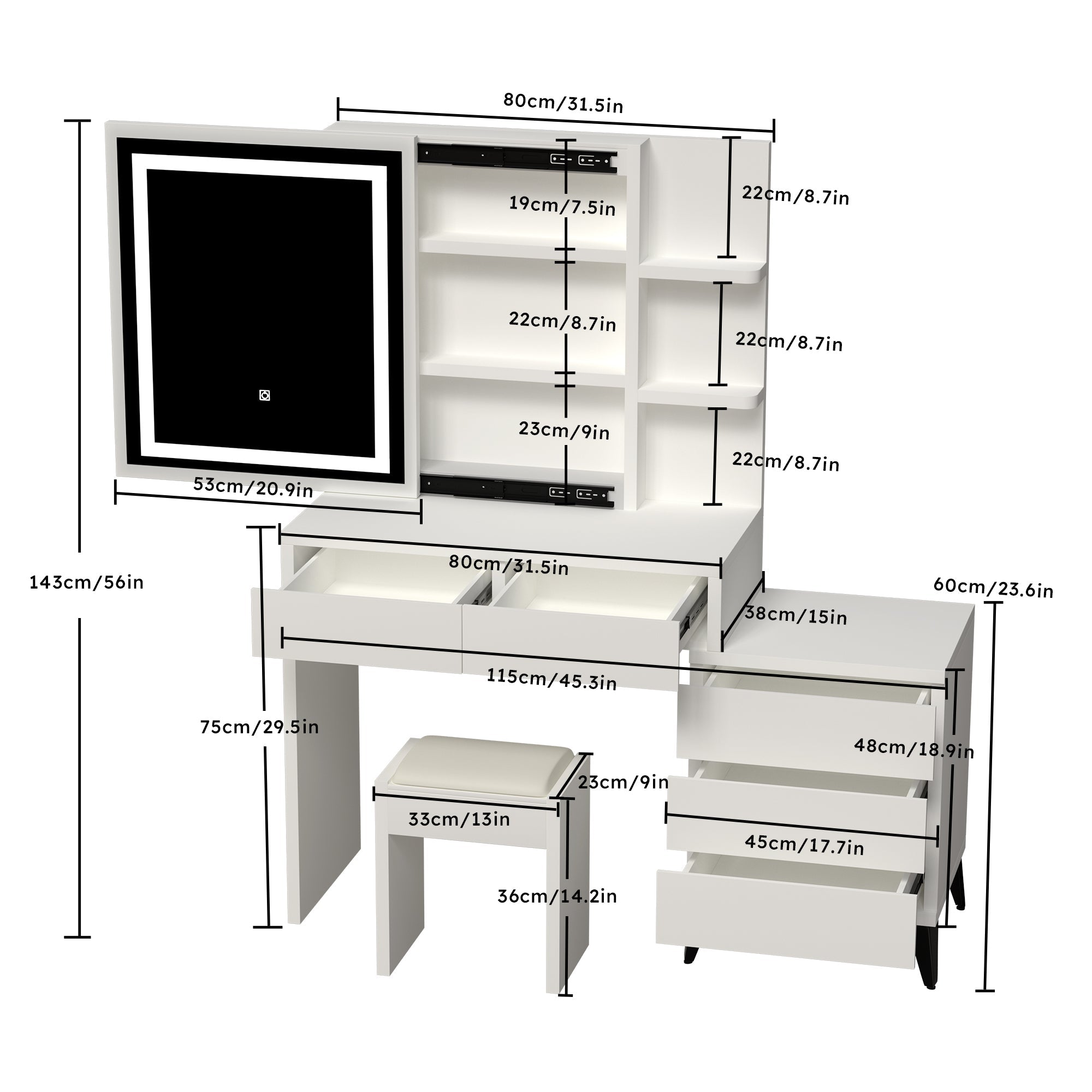 White Vanity Desk with Mirror & Lights - 45.3"-American Furniture Outlet