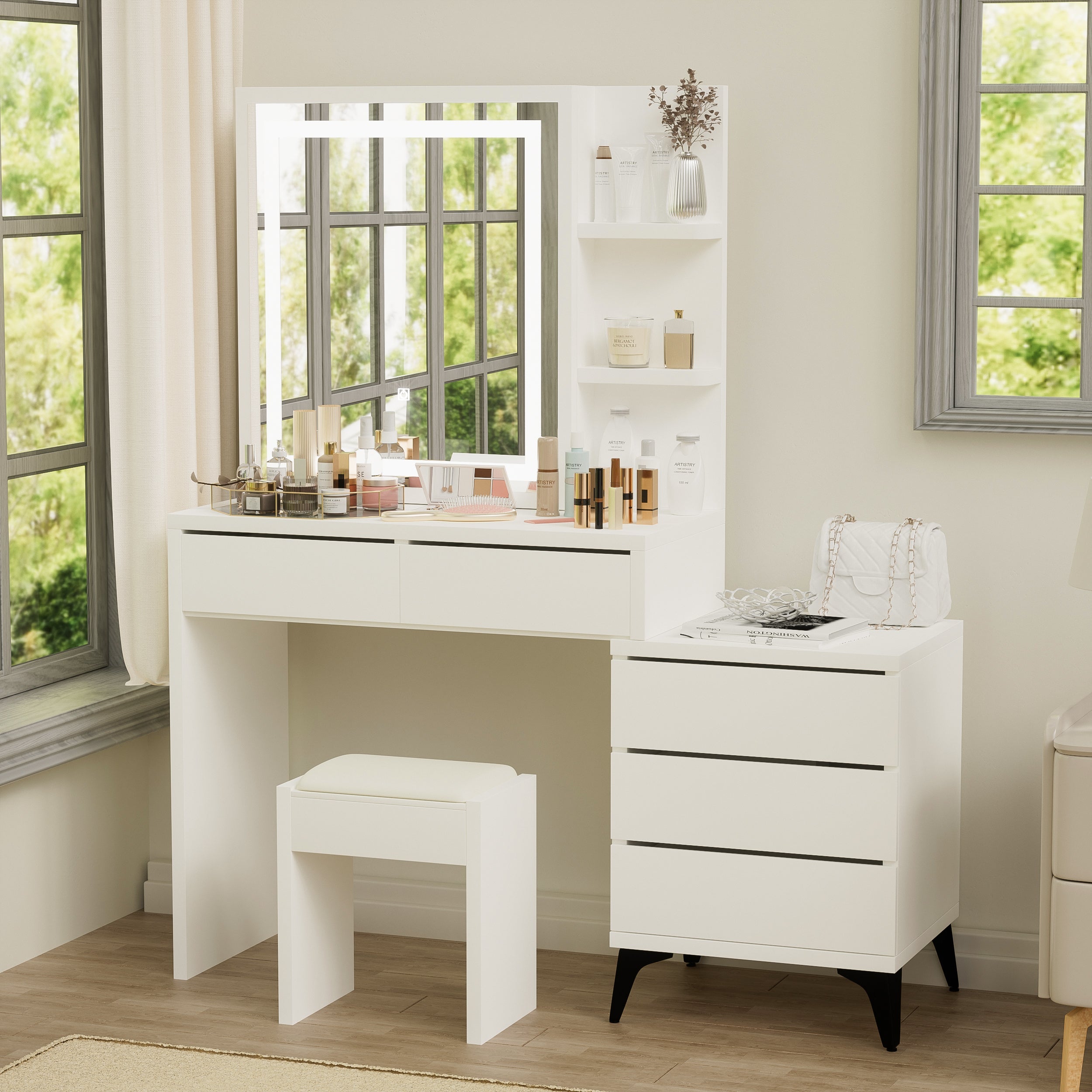 White Vanity Desk with Mirror & Lights - 45.3"-American Furniture Outlet