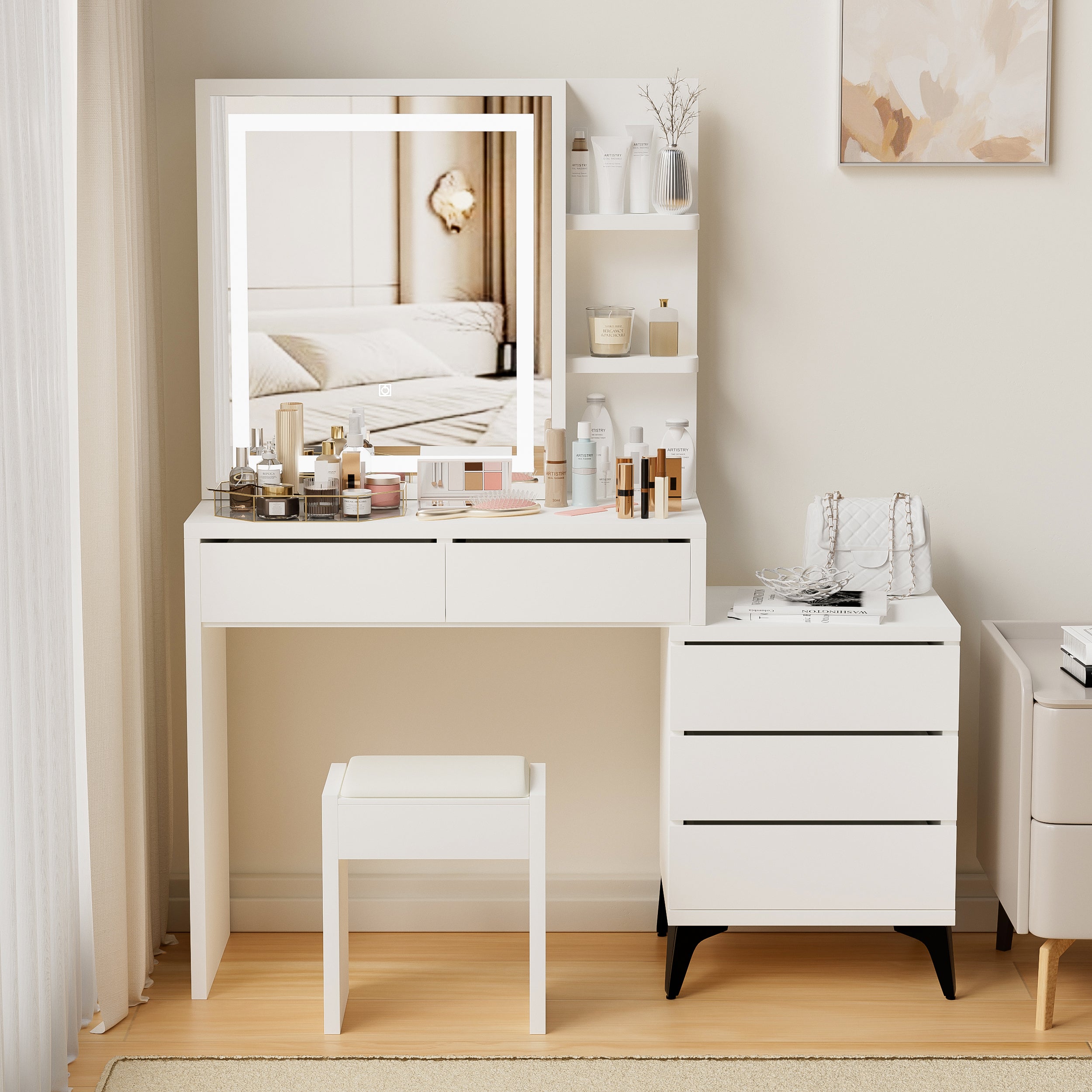 White Vanity Desk with Mirror & Lights - 45.3"-American Furniture Outlet