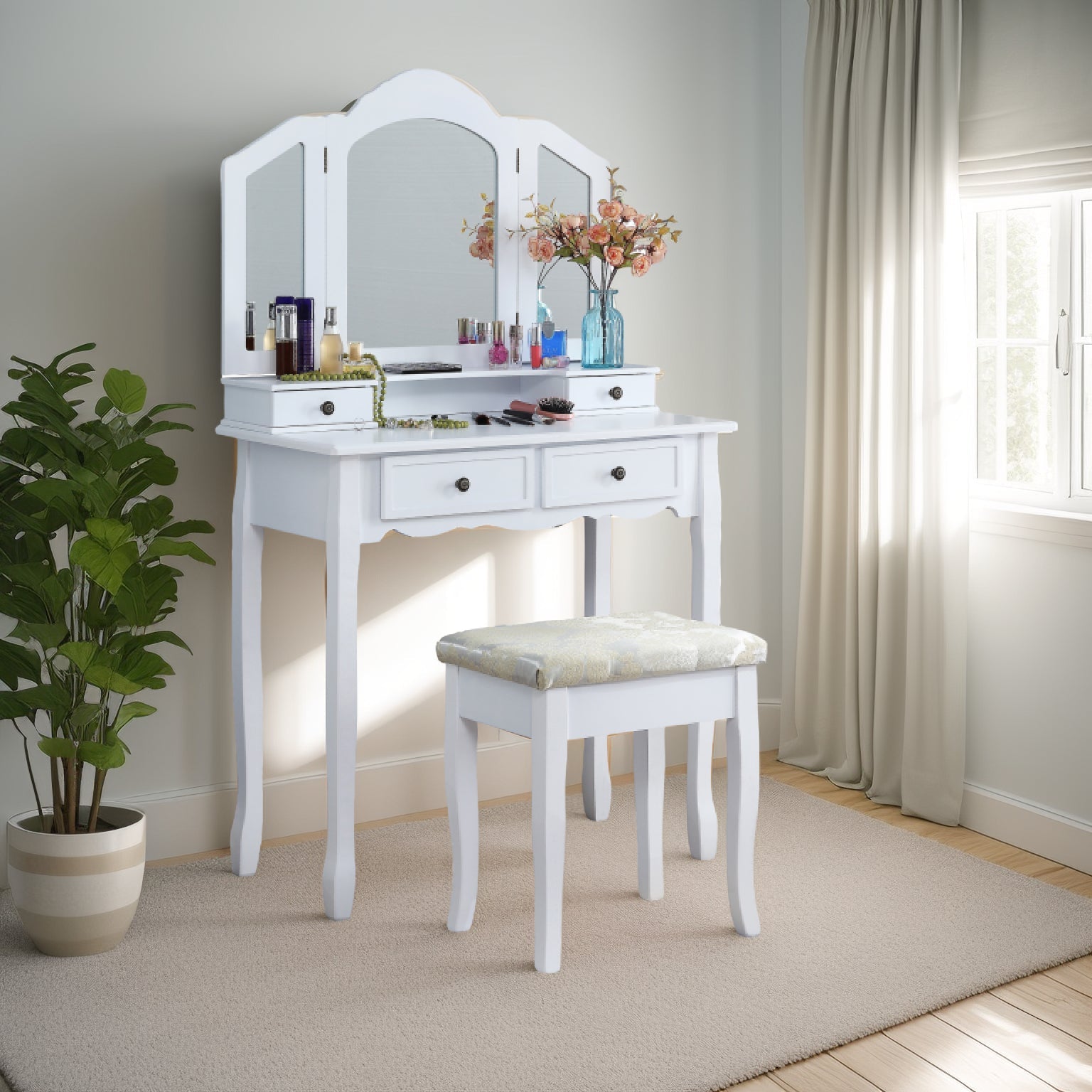 White Vanity Makeup Table & Stool Set | Sanlo®-American Furniture Outlet