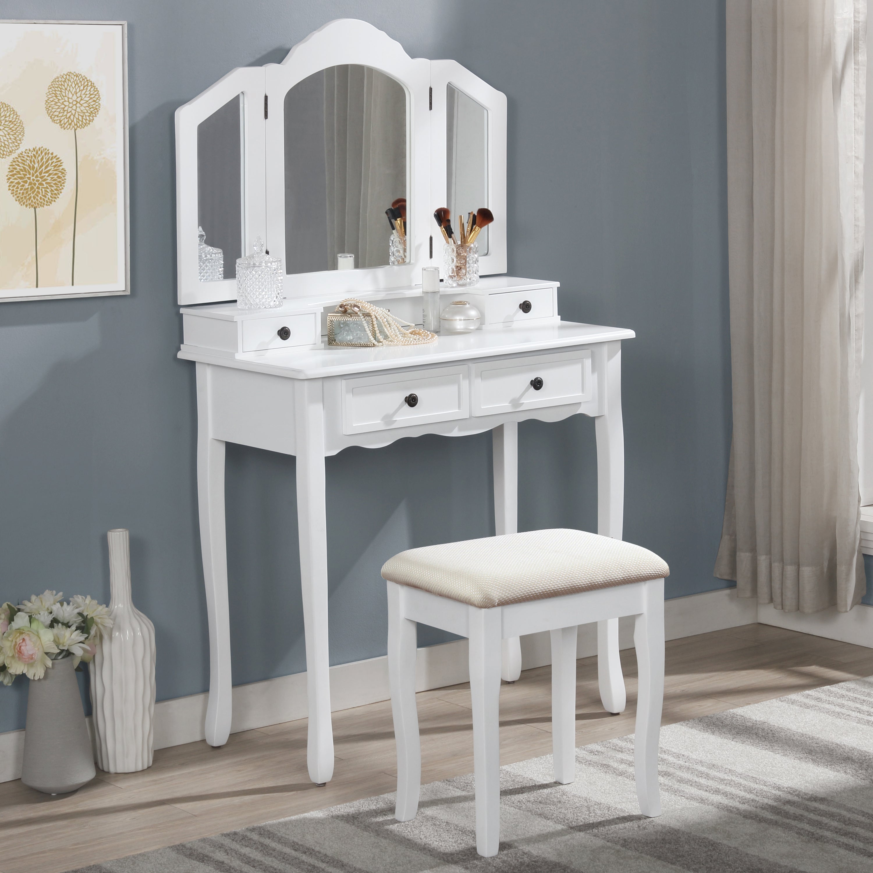 White Vanity Makeup Table & Stool Set | Sanlo®-American Furniture Outlet