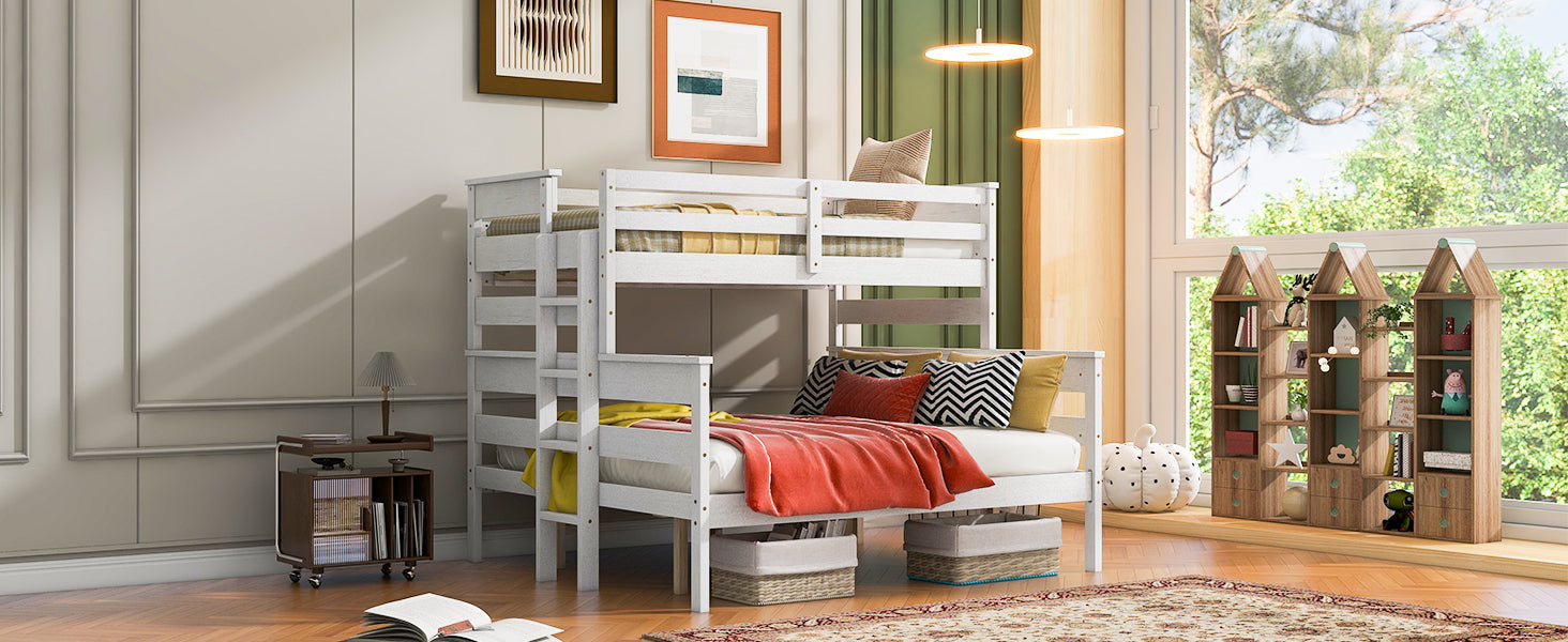 White Wood Twin XL Over Queen Bunk Bed with Ladder-American Furniture Outlet