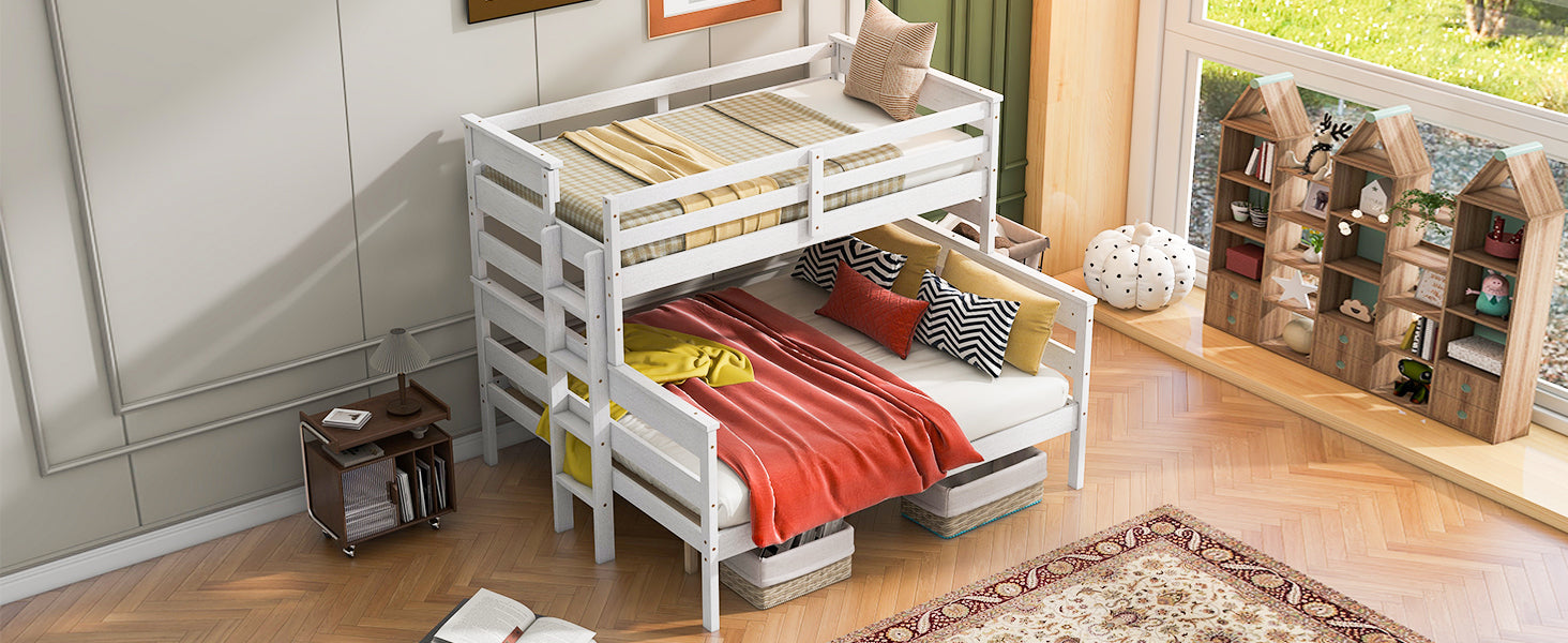 White Wood Twin XL Over Queen Bunk Bed with Ladder-American Furniture Outlet