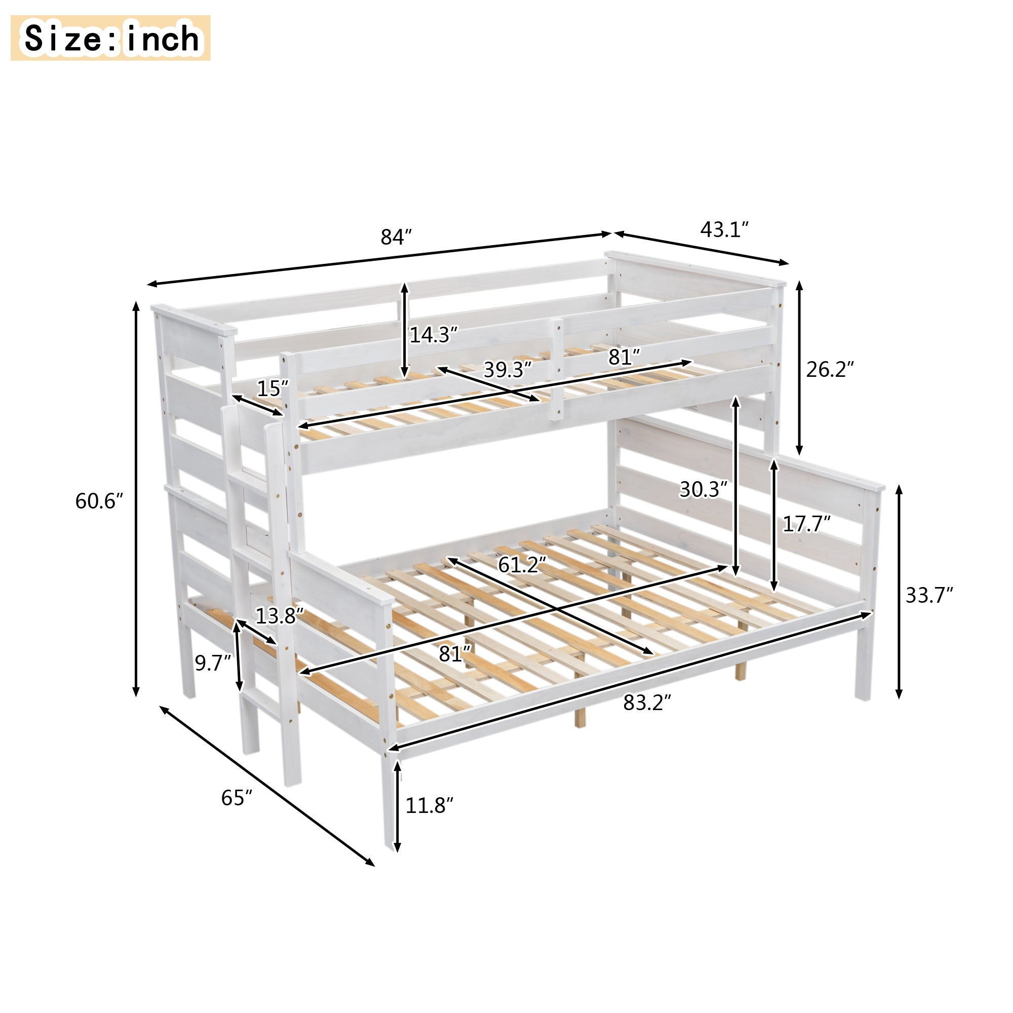 White Wood Twin XL Over Queen Bunk Bed with Ladder-American Furniture Outlet