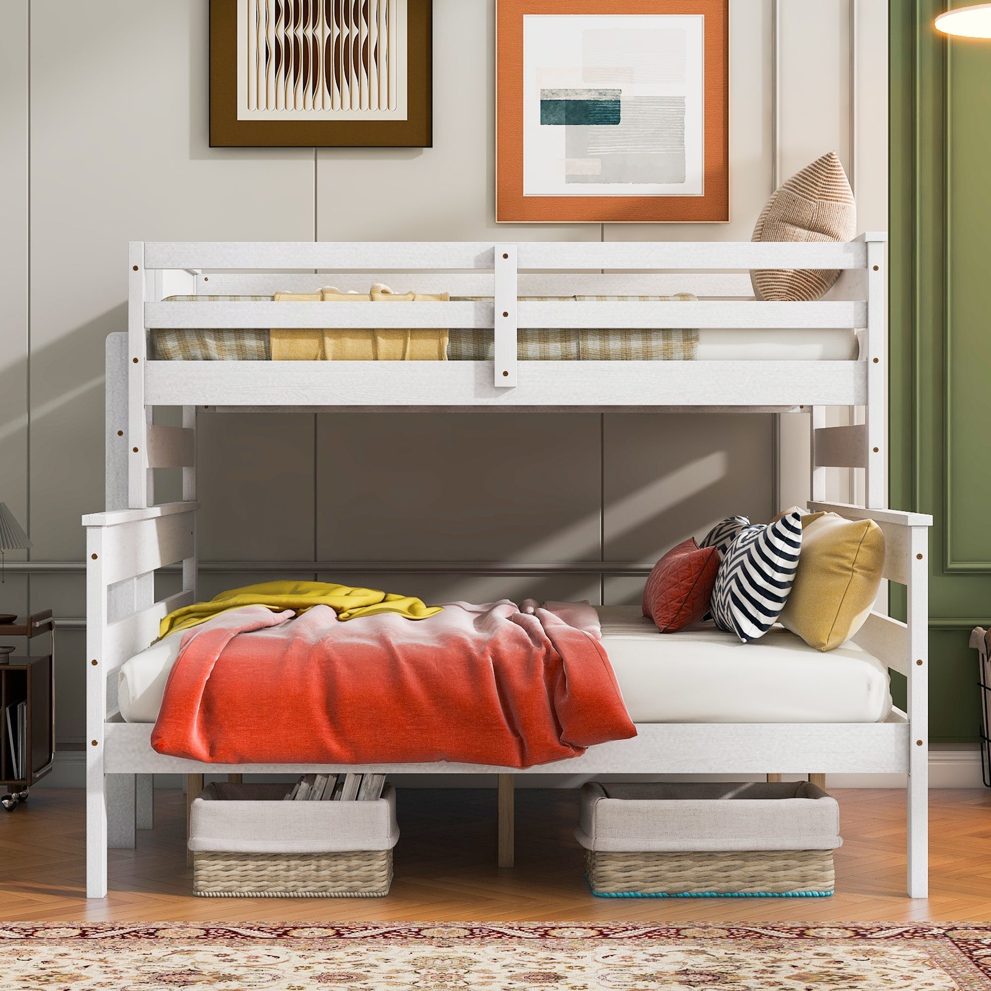 White Wood Twin XL Over Queen Bunk Bed with Ladder-American Furniture Outlet