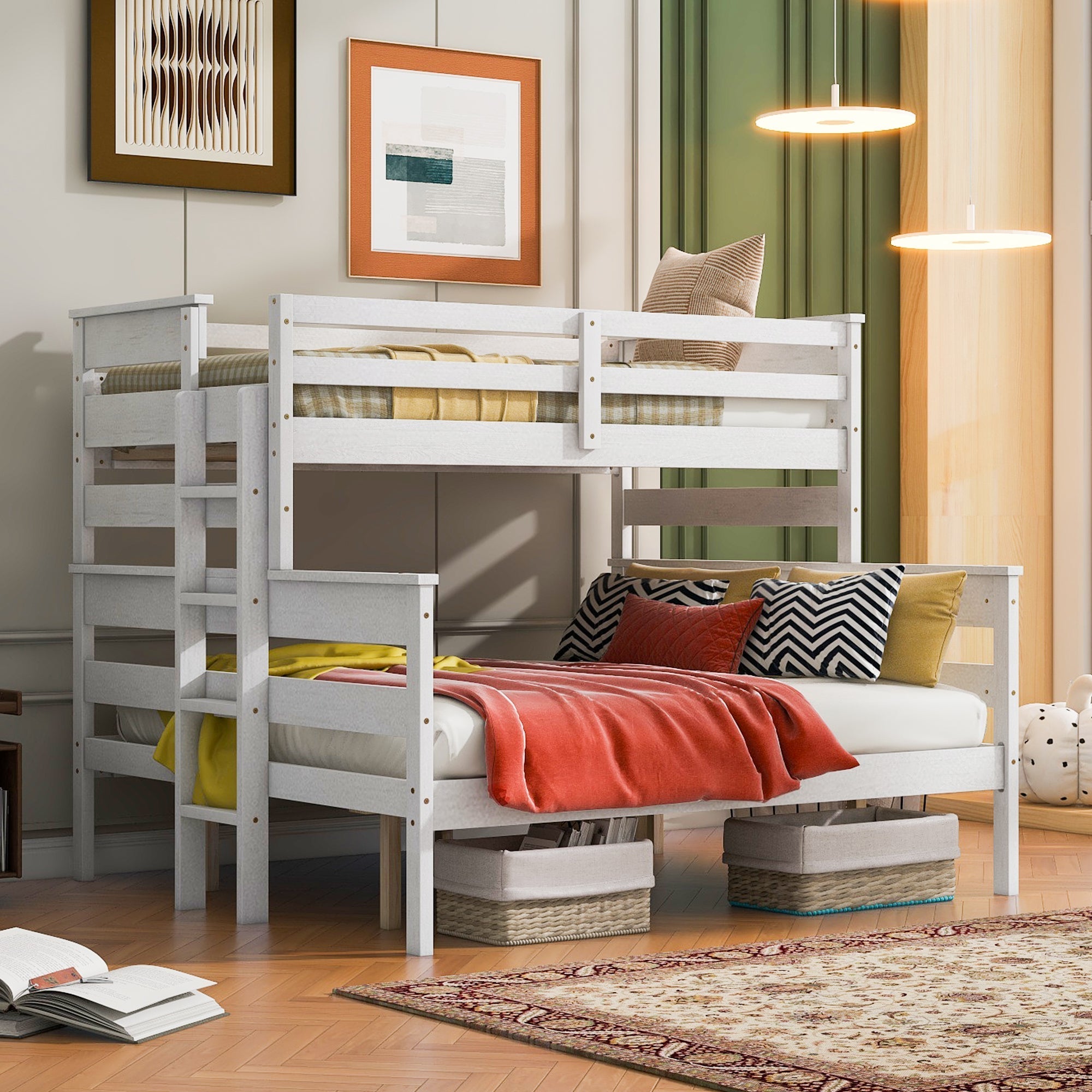 White Wood Twin XL Over Queen Bunk Bed with Ladder-American Furniture Outlet