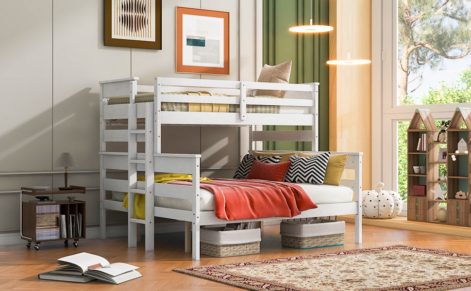 White Wood Twin XL Over Queen Bunk Bed with Ladder-American Furniture Outlet