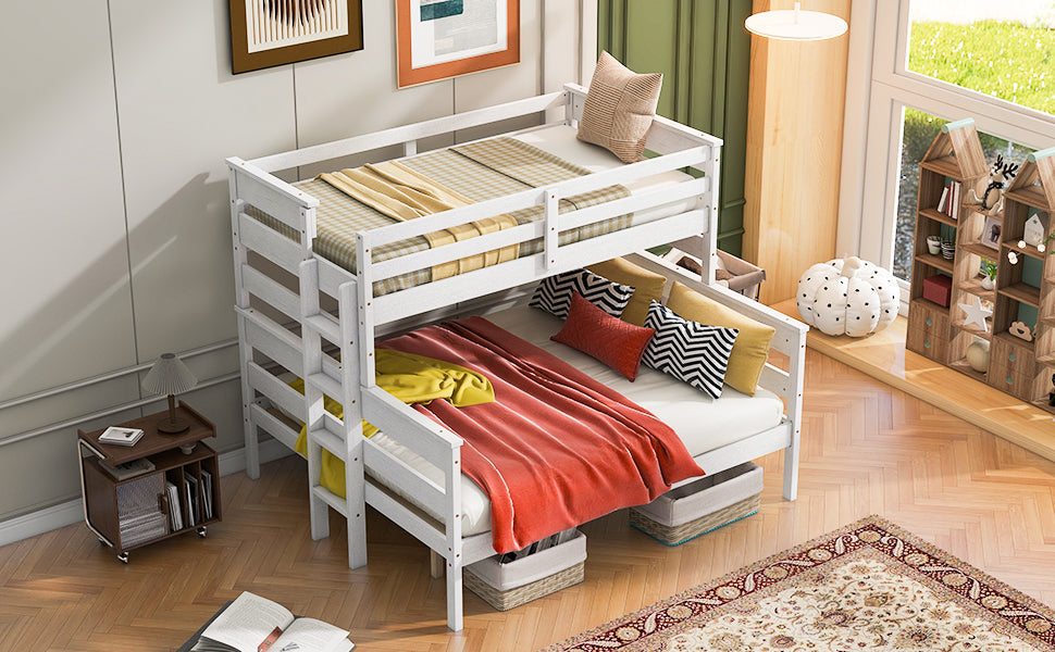 White Wood Twin XL Over Queen Bunk Bed with Ladder-American Furniture Outlet