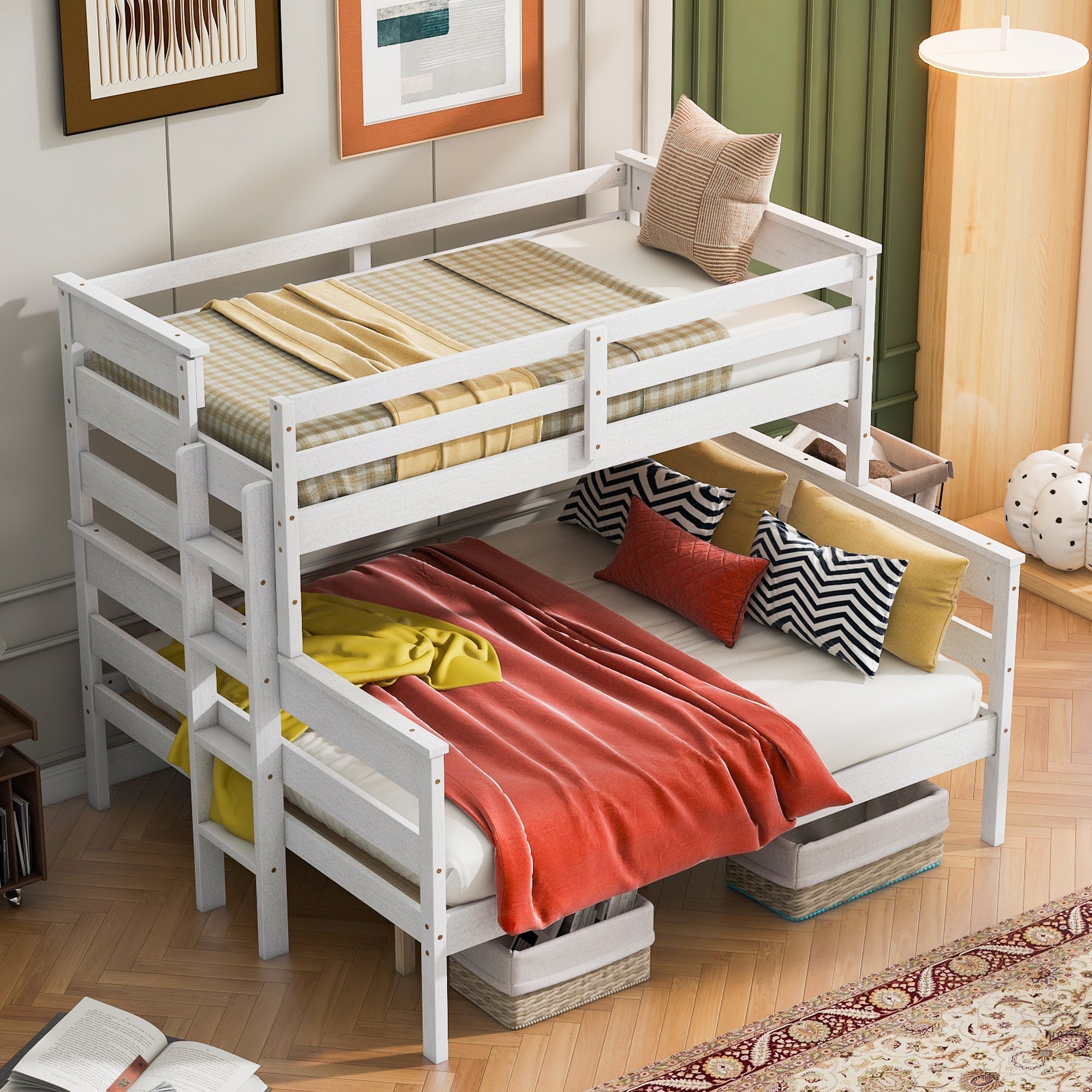 White Wood Twin XL Over Queen Bunk Bed with Ladder-American Furniture Outlet