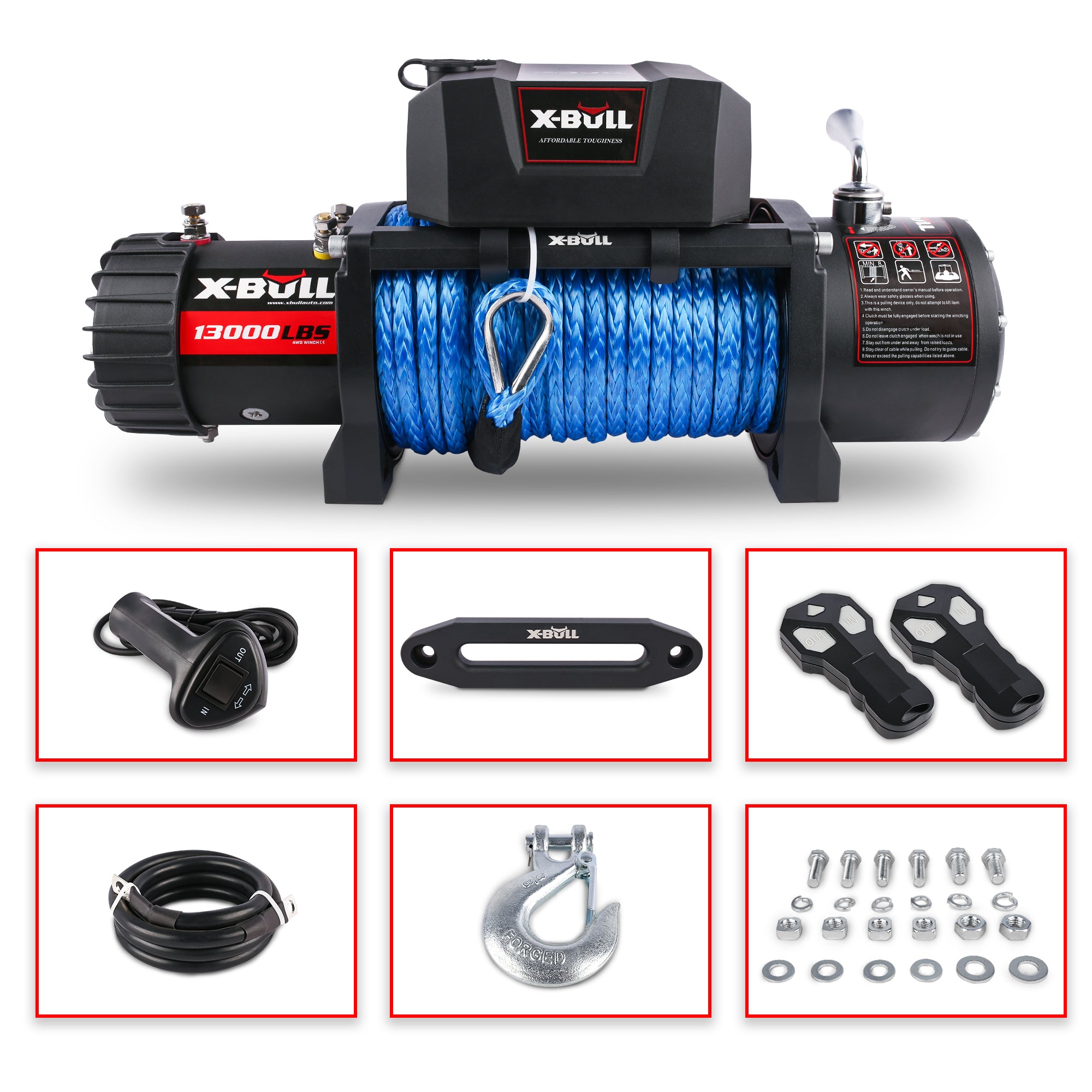 X-BULL Electric Winch 13000 lbs 12V: Synthetic Blue Rope Upgrade - Black-American Furniture Outlet