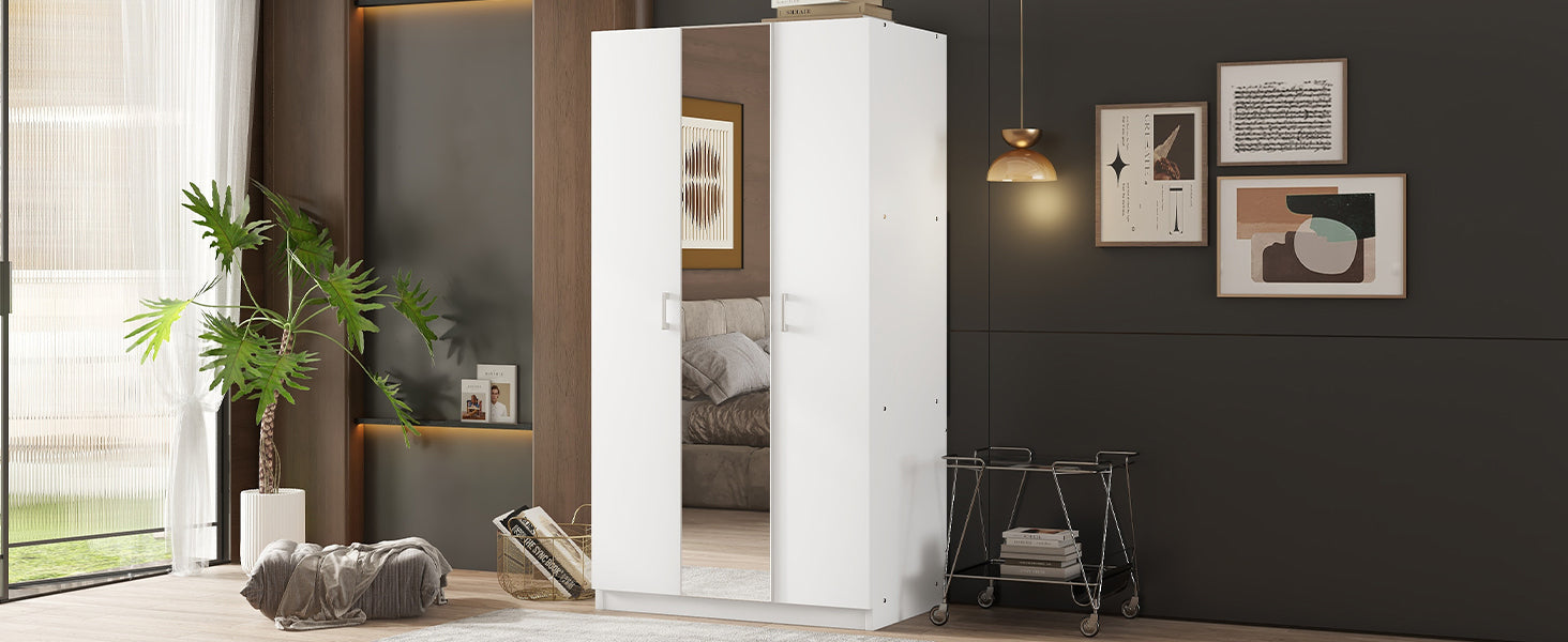 3 Door Wardrobe w/ Mirror, Hanging Rod, White