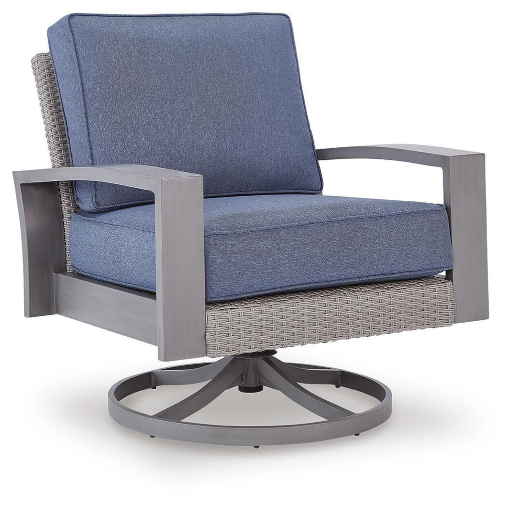 Swivel lounge chair with cushion, blue fabric, gray arms and woven base