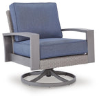 Swivel lounge chair with cushion, blue fabric, gray arms and woven base