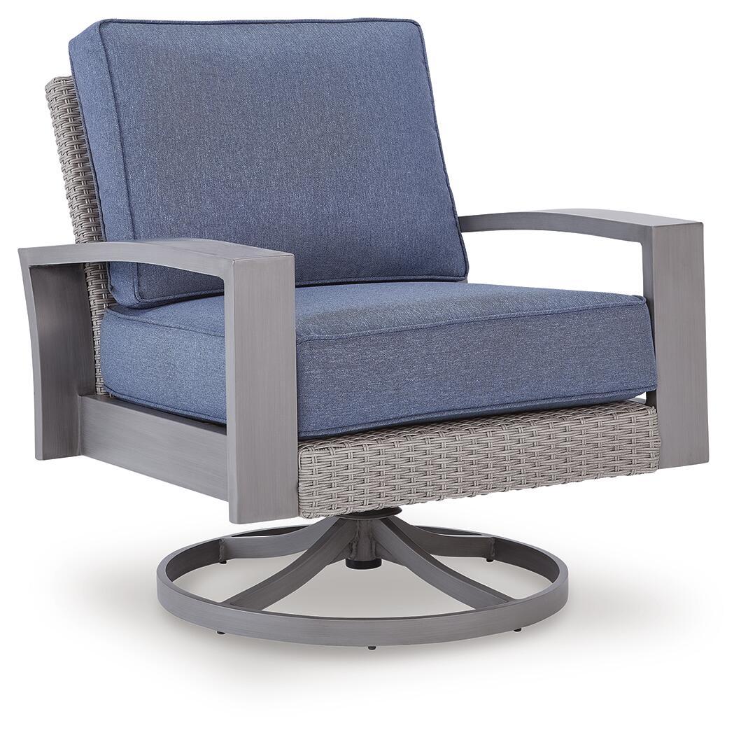 Swivel lounge chair with cushion, blue fabric, gray arms and woven base