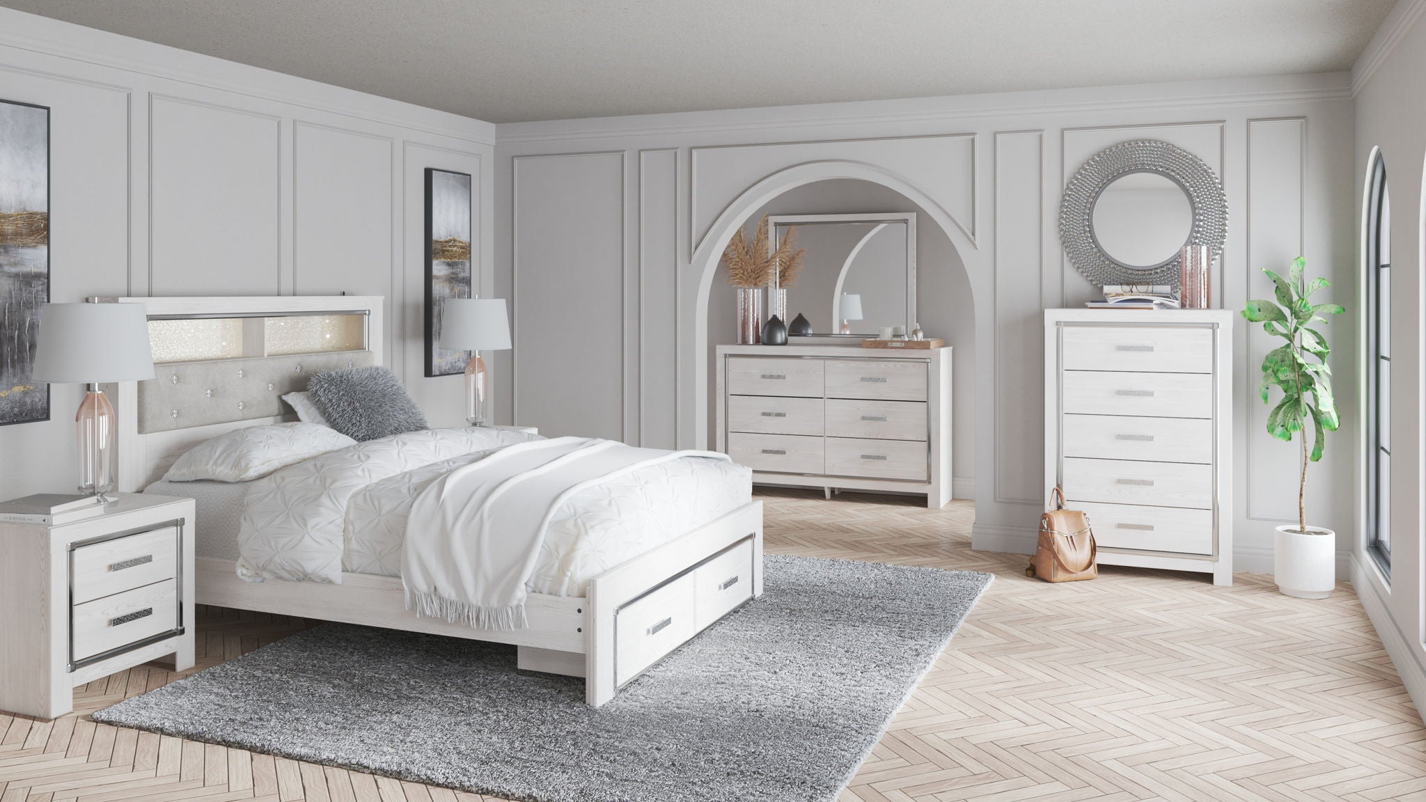 White bedroom set with bed, two nightstands, dresser, and mirror