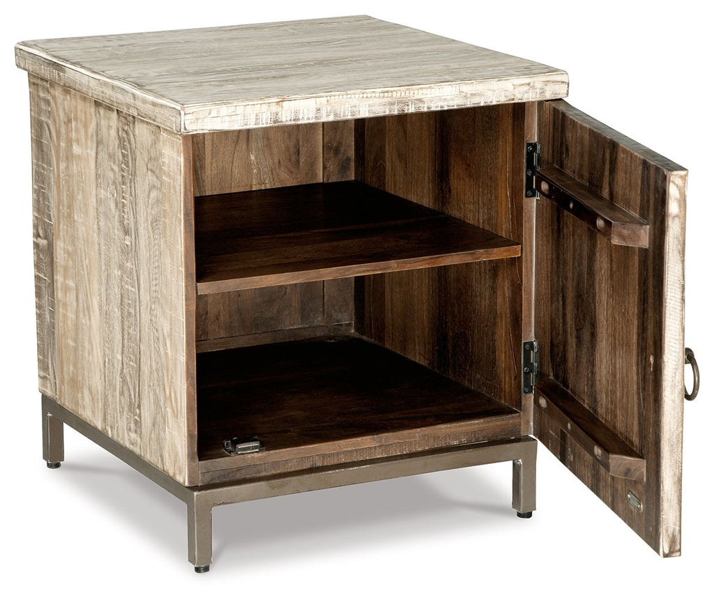 Whitewashed accent cabinet with open doors, showing two wooden shelves and dark interior