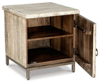 Whitewashed accent cabinet with open doors, showing two wooden shelves and dark interior