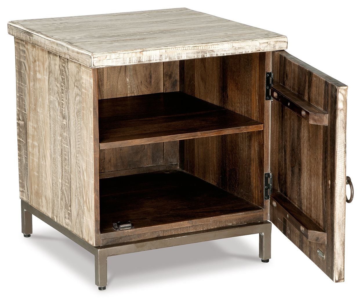 Whitewashed accent cabinet with open doors, showing two wooden shelves and dark interior