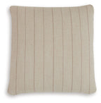 Beige square pillow cover with vertical brown stripes, straight-on view
