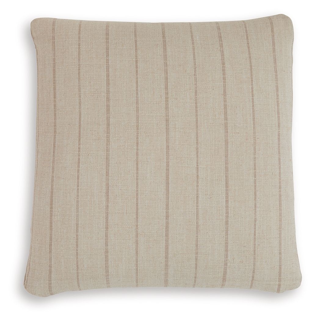 Beige square pillow cover with vertical brown stripes, straight-on view