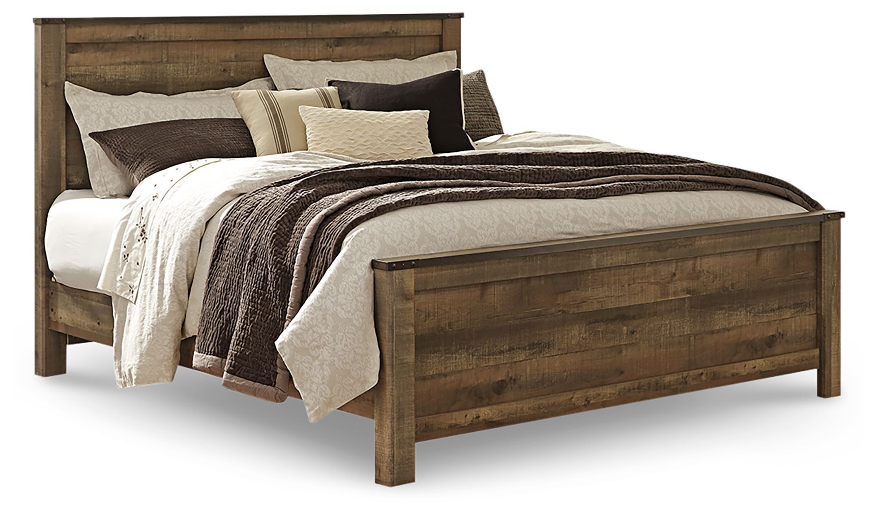 Panel bed with headboard and cream bedding with dark brown striped throw and pillows