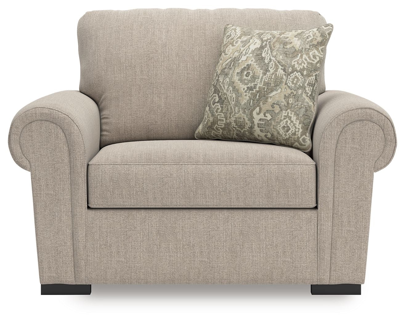 Chair and a half in heather light-gray fabric with patterned back pillow