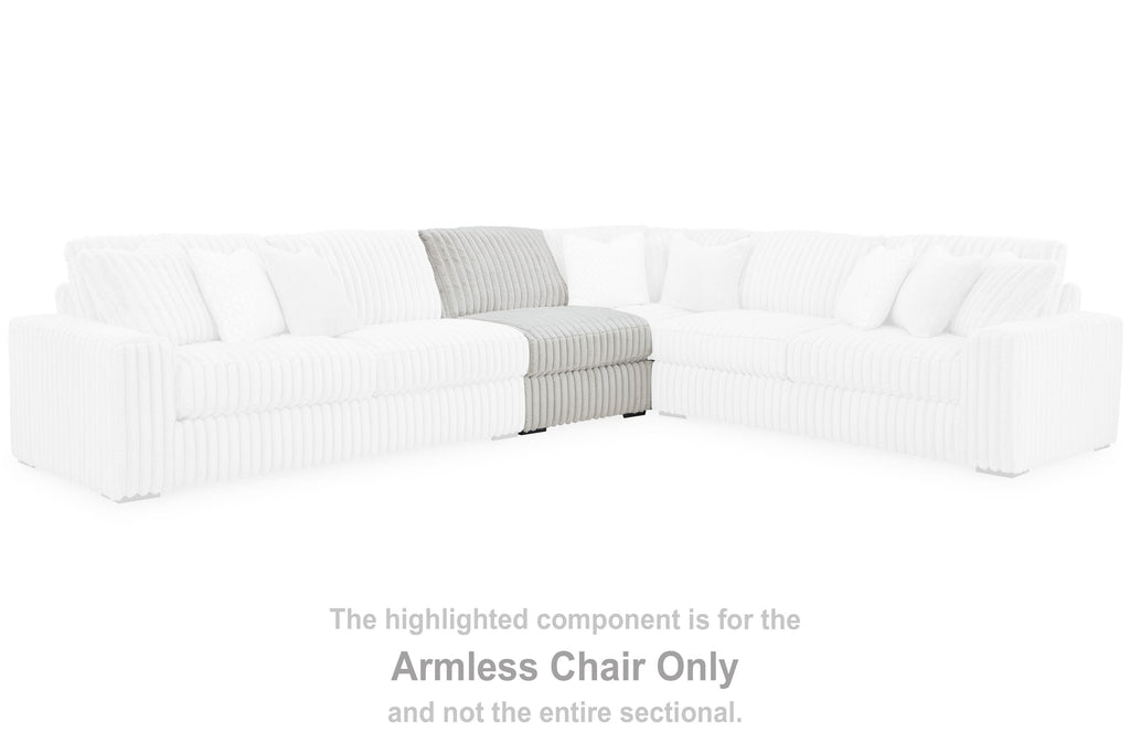 Light gray armless chair section for a sectional with padded back and seat.