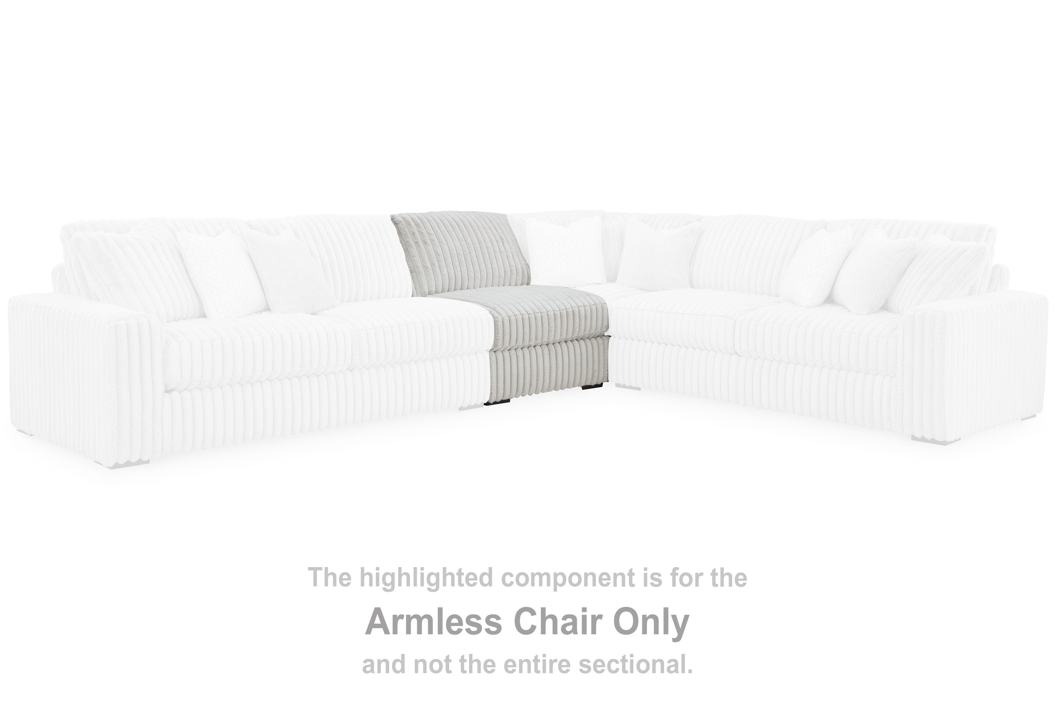 Light gray armless chair section for a sectional with padded back and seat.