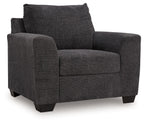 Loreo chair in dark gray textured fabric with square arms and tufted seat cushion