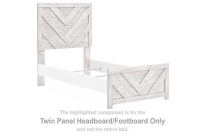 Whitewash twin panel headboard and footboard, light wood with diagonal inset panels.
