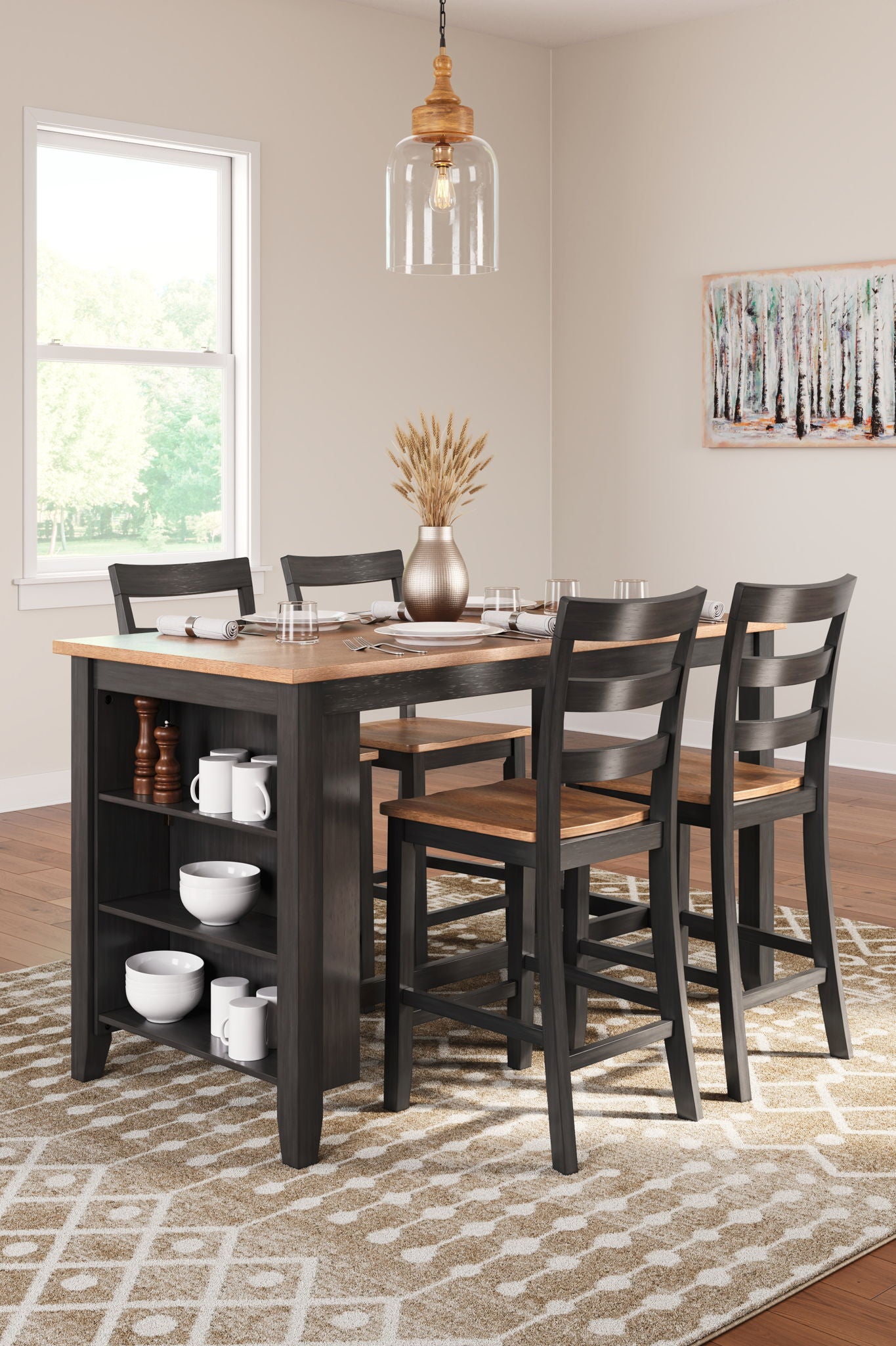 Rectangular dining counter table with open shelf, dark wood finish and four stools