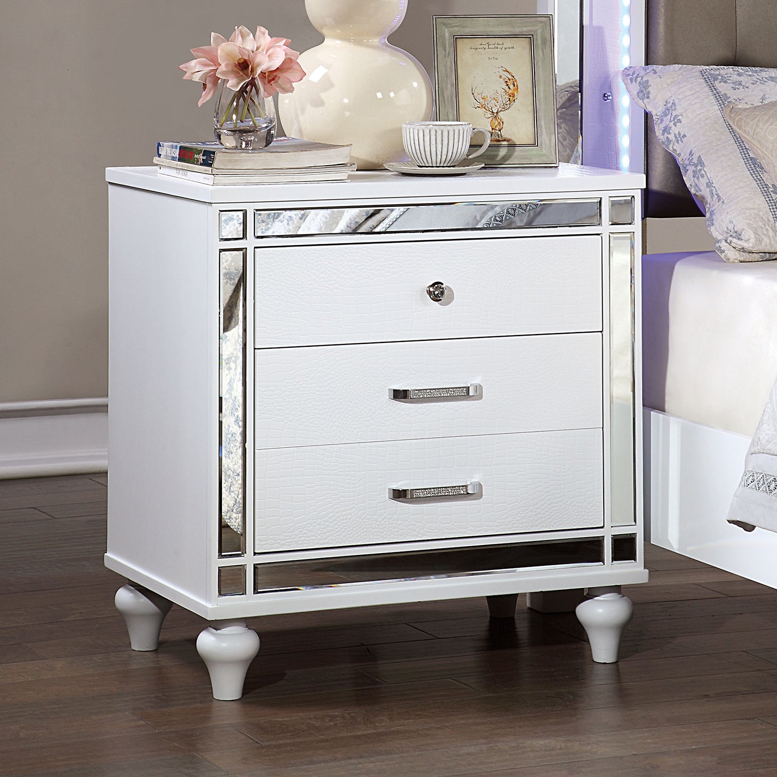 White Crocodile-Textured Nightstand - Mirror Trim, Felt-Lined Drawers