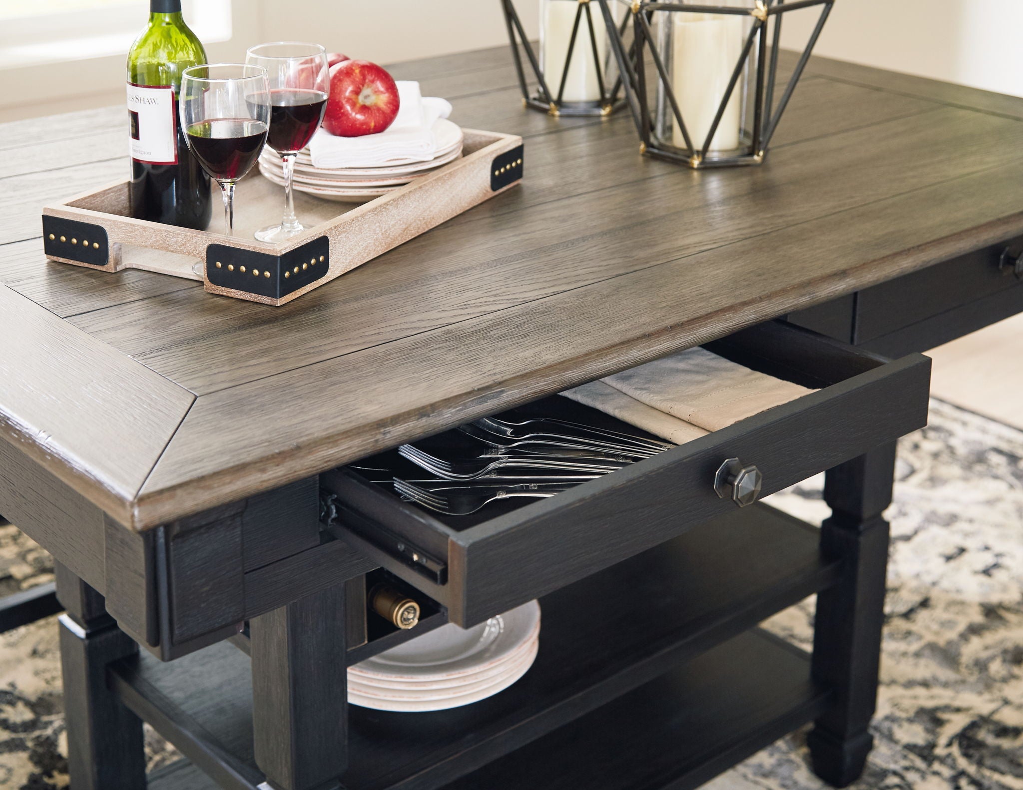 Dining counter table with open drawer and wine rack under gray wood top