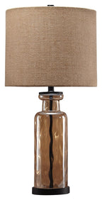 Champagne glass table lamp with fabric drum shade and dark base