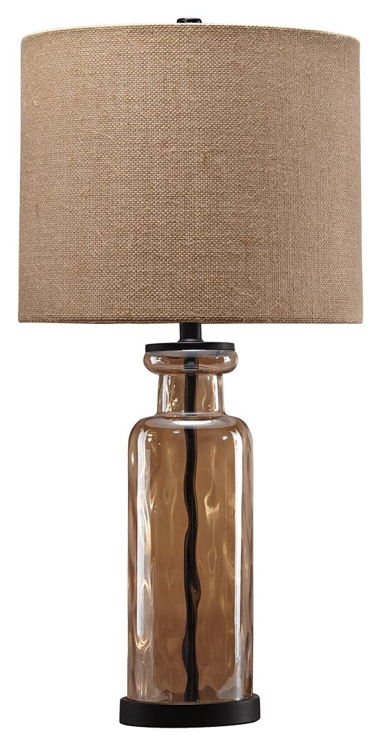 Champagne glass table lamp with fabric drum shade and dark base