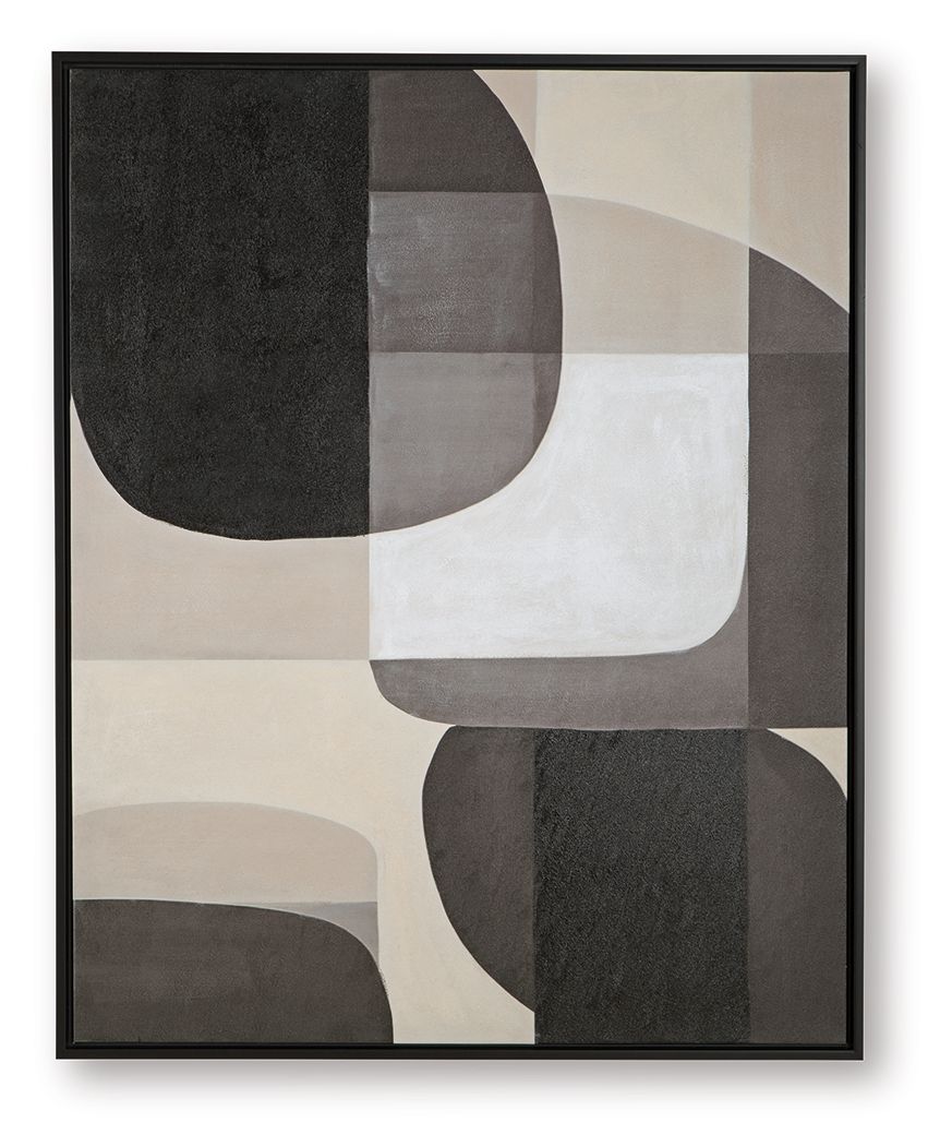 Framed abstract wall art with black, dark gray, and white rounded block shapes.