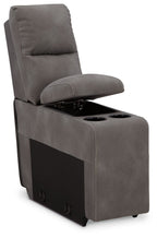 Slate gray upholstered console with open storage and two cup holders