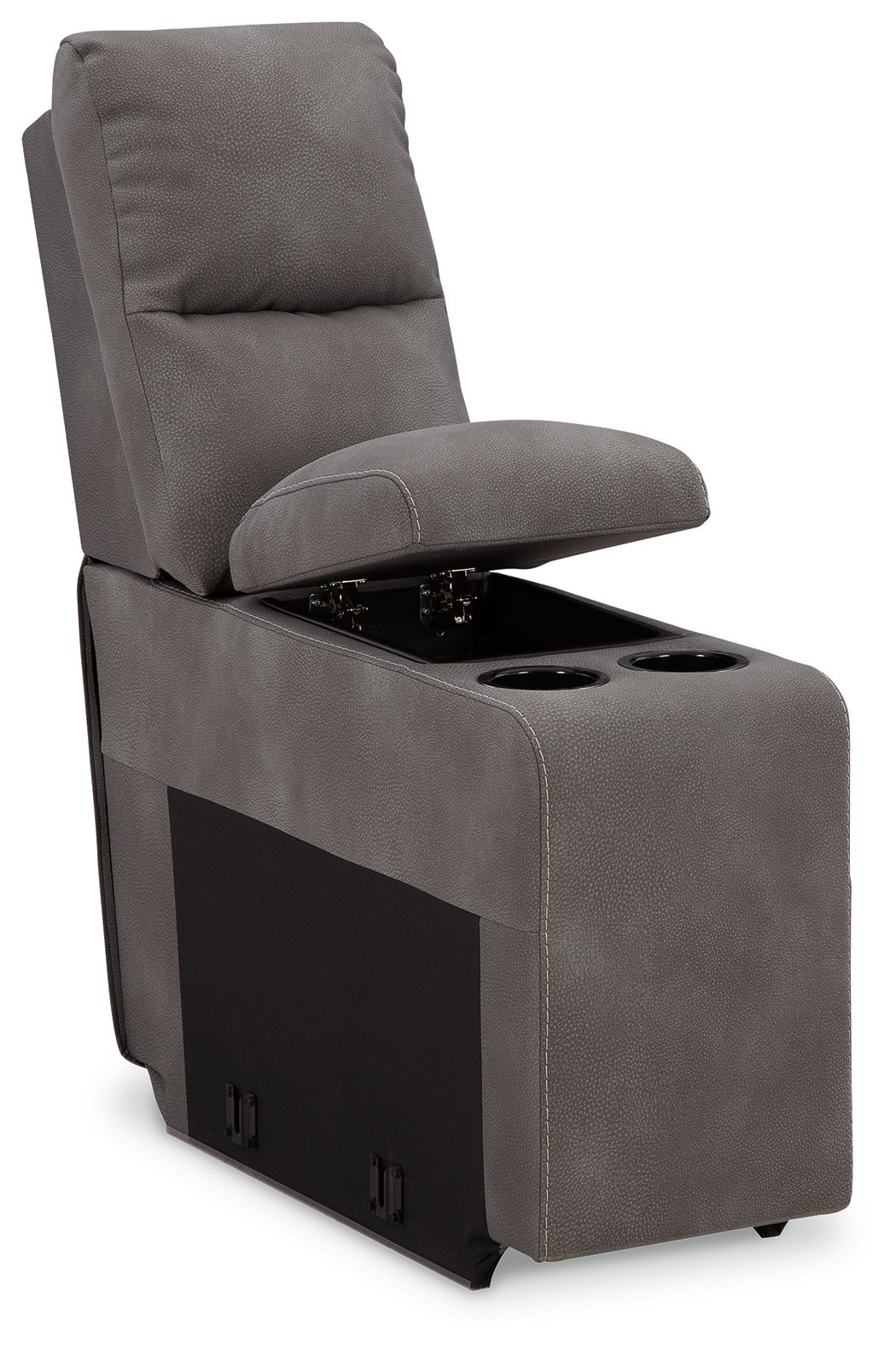 Slate gray upholstered console with open storage and two cup holders