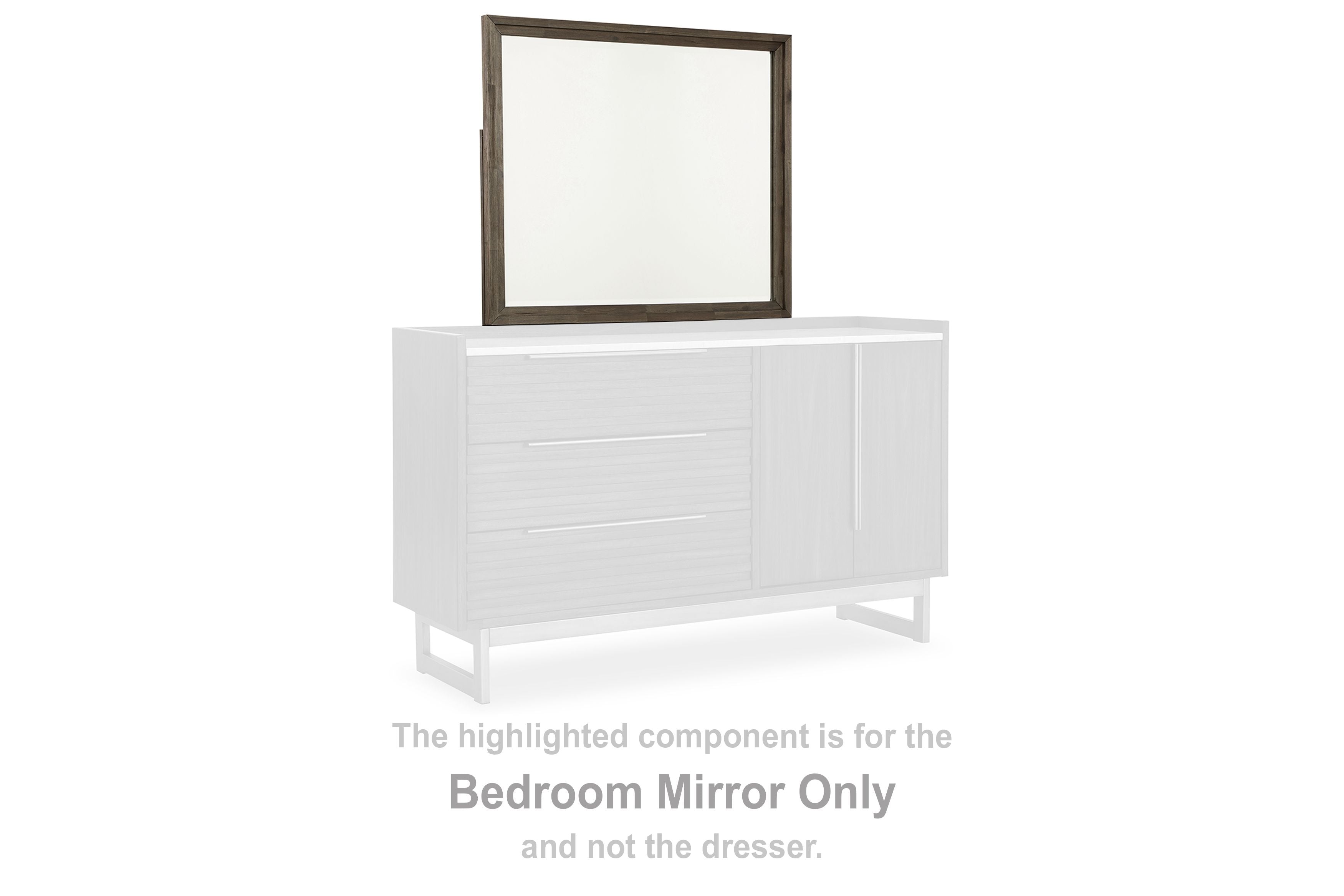 Rectangular bedroom mirror with grayish-brown frame and thin dark border