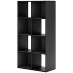 Black cube organizer with 8 open square cubbies in a tall shelving frame