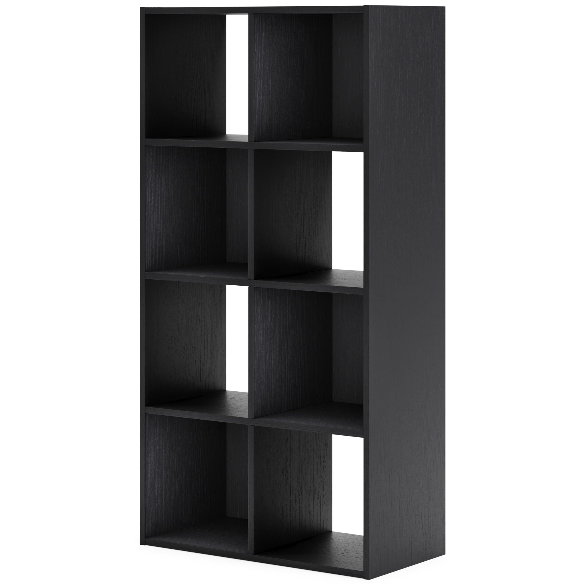 Black cube organizer with 8 open square cubbies in a tall shelving frame