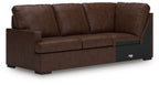 Coffee brown sofa with left corner wedge, tufted back cushions and boxy arms